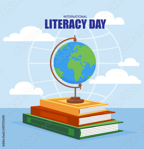 A globe placed on stacked books shown in flat graphic style against a light sky background, conveying education and global literacy concepts. Hand-drawn vector illustration
