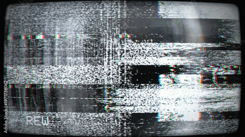 vhs glitch noise background. TV interference. TV screen texture. Signal problems. No signal. Video rewind texture from a tape cassette.