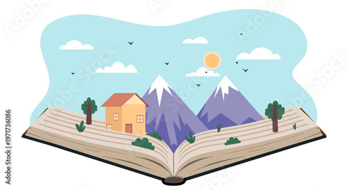An open book showing a house, trees, mountains, and sky in a flat graphic style on a background, symbolizing imagination and storytelling. Hand-drawn vector illustration