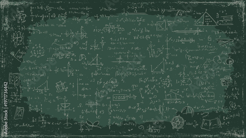 Chalkboard surface features a distressed, worn frame with white mathematical equations and scribbles set against a deep green backdrop.