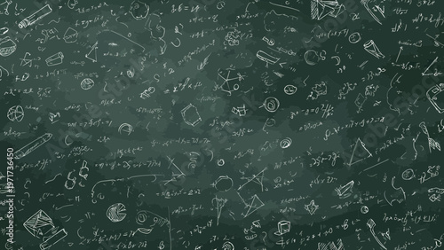 Chalkboard background displays intricate hand-drawn mathematical formulas and scientific diagrams in white dust against a dark green textured surface.