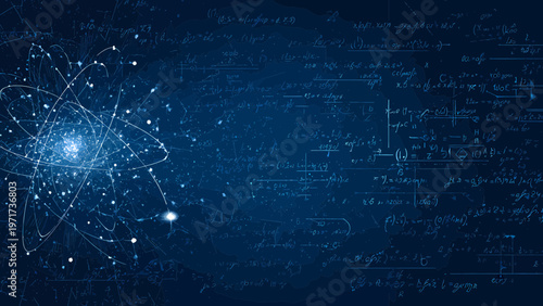 Atom structure glows with brilliant blue light against a backdrop of complex mathematical equations.
