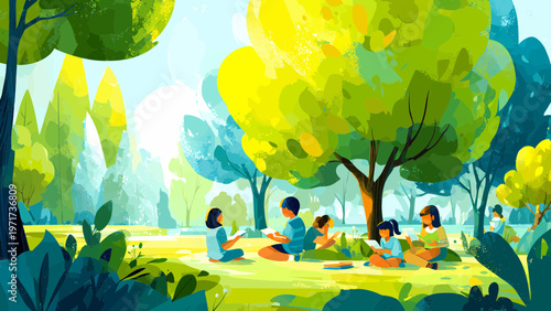 Children sit in a sun-drenched park under the vibrant green canopy of trees while reading books together.