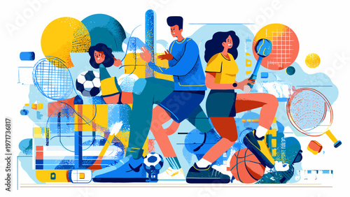Athletes engaged in various sports activities are depicted in a flat, modern graphic style with bold colors and abstract equipment shapes.