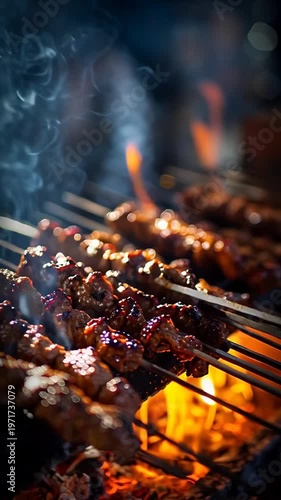 Close up shot of juicy meat skewers grilling over hot coals with smoke rising.