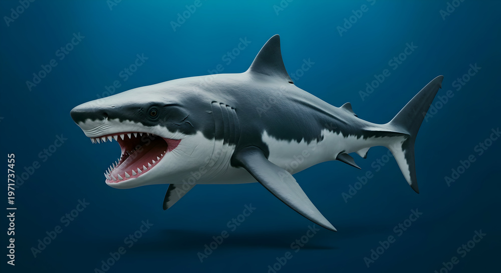 Fototapeta premium Aggressive Shark, Open Mouth with Sharp Teeth, Swimming Underwater, symbolizing danger, power, and predator
