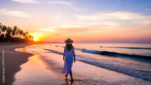 Woman Walking Along Beach at Sunset with Waves