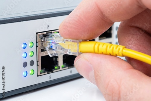 Fingers inserting the clear plastic connector of a yellow ethernet network cable into port 2 of a gigabit switch with blinking LED lights