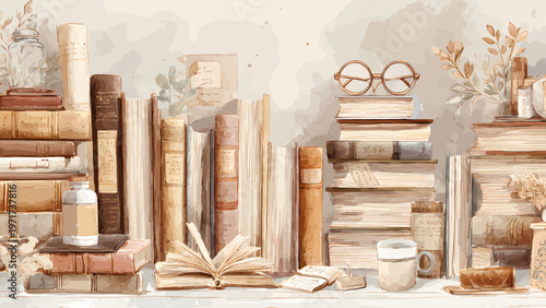 Bookshelf filled with antique hardback volumes, vintage spectacles, and a steaming mug creates a cozy, intellectual atmosphere in this soft watercolor painting.