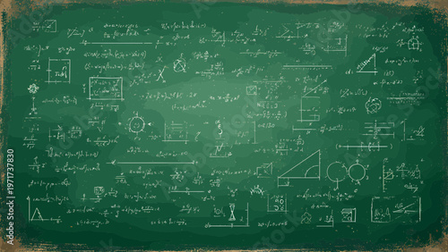 Chalkboard surface features intricate hand-drawn geometric sketches and advanced physics notation, capturing the rustic texture of a worn school teaching tool.