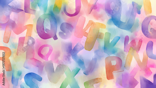 Alphabet letters float in a soft-focus watercolor wash, displaying vibrant pastel gradients and blurred edges that evoke a dreamy and artistic aesthetic.