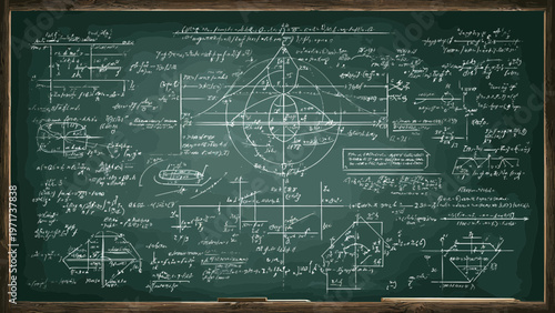 Chalkboard displays complex mathematical formulas and geometric diagrams rendered in dusty white lines against a dark green textured surface.