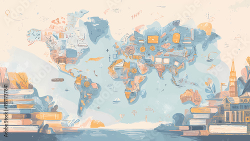 World map illustration features soft pastel watercolor textures and layered paper book stacks on a light background, creating an educational atmosphere with ample copy space for text.