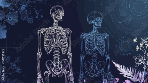 Skeletons rendered in intricate luminous wireframe detail stand beside botanical elements on a dark moody background.