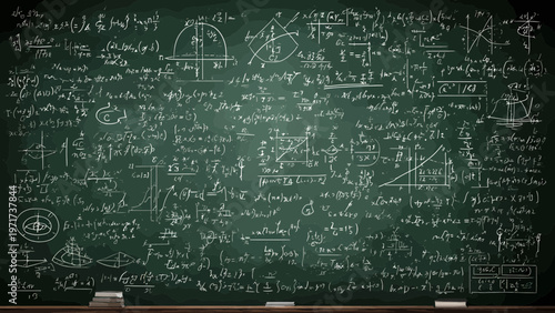 Chalkboard covered in complex white mathematical equations and physics formulas fills the entire frame.