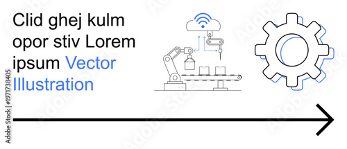 Industry 4.0, technology innovation, automation systems, manufacturing process, robotics connectivity solutions. Robotic arm on assembly line with wireless cloud icon and gear symbol. Industry 4.0