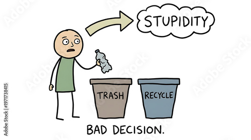 Man throwing trash in wrong bin with stupidity thought
