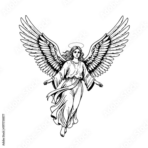 Летючий ангел у чорно-білому стилі лайн-арт та дот-ворк