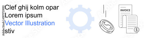 Financial services, technology integration, digital payments, billing management, financial reporting, business operations. Gear with coin and invoice documents. Financial services and technology