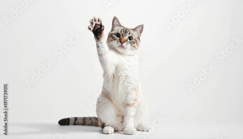 a cat giving high five pose, looking at camera isolated on white