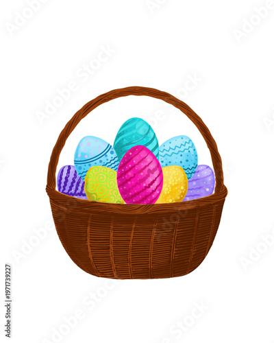 Wicker basket filled with brightly decorated Easter eggs, isolated spring holiday object on a light background in cheerful hand drawn vector style