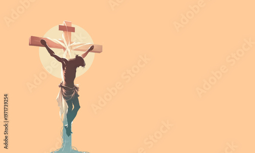 Crucifix with Jesus on a soft beige background and wide copy space, minimalist Good Friday and Easter Christian poster design in clean vector style