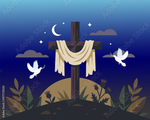 Wooden cross draped with a white cloth under a moonlit sky, surrounded by doves and plants, peaceful Easter resurrection vector scene in spiritual night colors