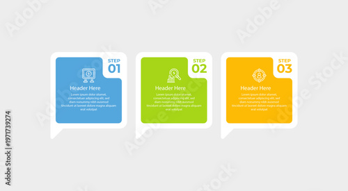 Three process steps with colorful frames icons and text.