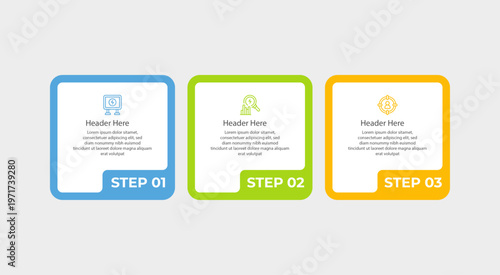 Three process steps with colorful frames icons and text.
