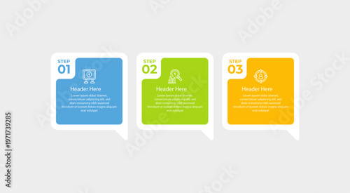 Three process steps with colorful frames icons and text.