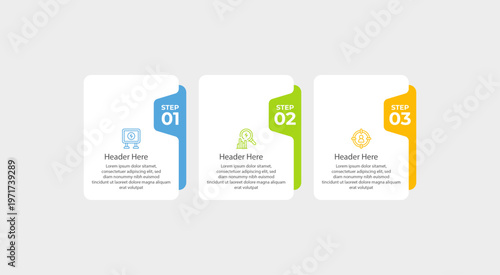 Three process steps with colorful frames icons and text.