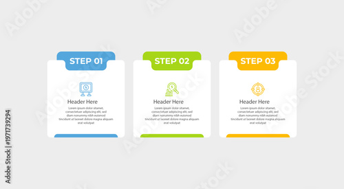 Displays a three step infographic diagram for a presentation.