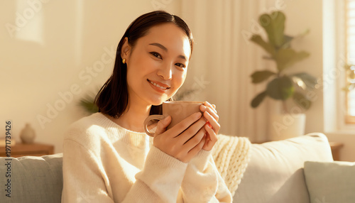 A smiling woman in a cozy sweater enjoys a warm beverage while relaxing on a sofa in a softly lit, homey living room.