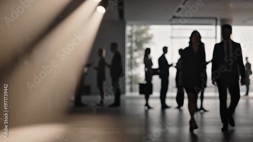 A group of people walking through a brightly lit office building with a stunning architectural design