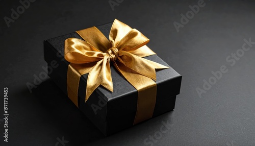 An elegant black gift box with a shimmering gold ribbon and refined bow, luxury branding style, dark moody background