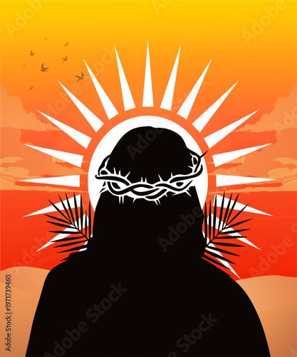 Silhouette portrait of Jesus with a crown of thorns and radiant halo at sunrise, symbolic Good Friday and Easter devotional vector illustration