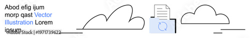 Cloud computing, data management, online storage, file sharing, digital networking, modern backup. Icon of clouds, document and sync icon. Cloud computing and data management concept