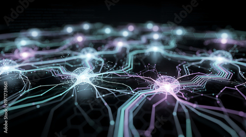 A glowing digital neural network with interconnected nodes and circuits, representing data flow and advanced technology in a futuristic design.