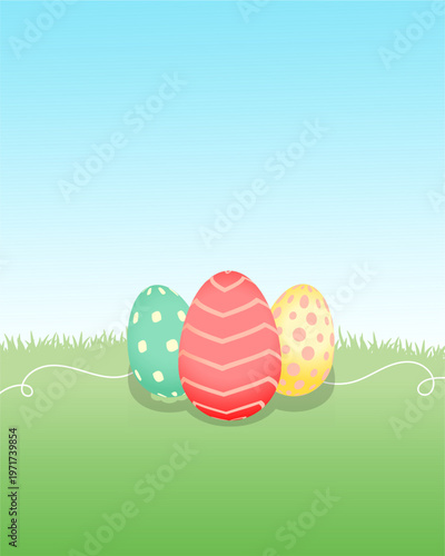 Three pastel Easter eggs standing on green grass under a soft blue sky, minimal spring holiday background with generous copy space in clean vector style