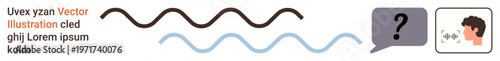 Communication, sound waves, speech, problem-solving, human interaction, feedback. Wavy lines, question mark speech bubble and a person speaking illustrated. Communication and sound waves concept