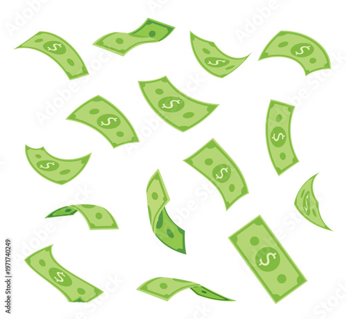 Falling Flying dollar banknotes, money rain, flat vector illustration isolated on white background