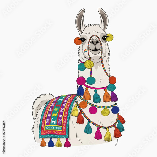 Cute White Llama with Colorful Peruvian Tassels and Blanket Illustration