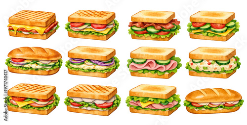 A charming watercolor collection of sandwiches featuring assorted filled bread with fresh ingredients and layered fillings illustrated in a detailed food illustration style.