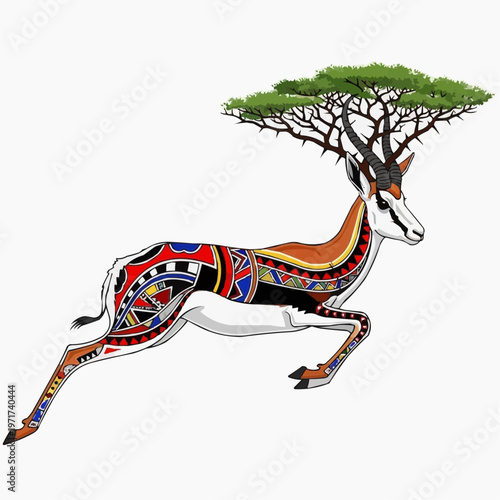 Running Springbok with African Pattern Body and Tree Antlers Illustration
