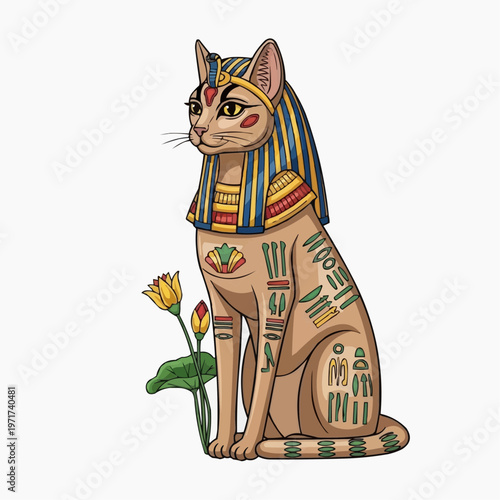 Ancient Egyptian Cat Goddess Bastet Illustration with Lotus Flower