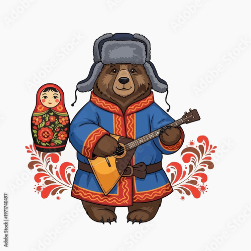 Russian Bear in Ushanka and Blue Coat Playing Balalaika with Matryoshka Doll