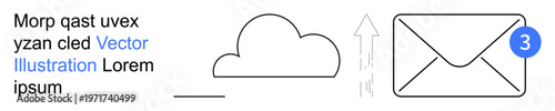 Digital communication, cloud storage, email services, online messaging, app notifications, data transfer. Cloud, upward arrow envelope with notification badge. Digital communication and email
