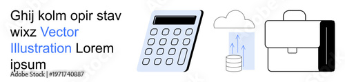 Business solutions, data storage, technology, financial management, cloud computing, workplace essentials. Visual of calculator, cloud storage symbol and briefcase. Business solutions and data