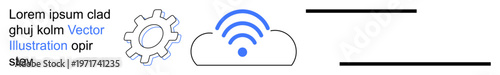 Technology, cloud computing, automation, networking, wireless communication, internet connection. Gear and cloud with wireless signal icon. Cloud computing and automation concept