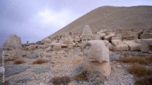 Antique ruined statues on Nemrut Mountain in Turkey